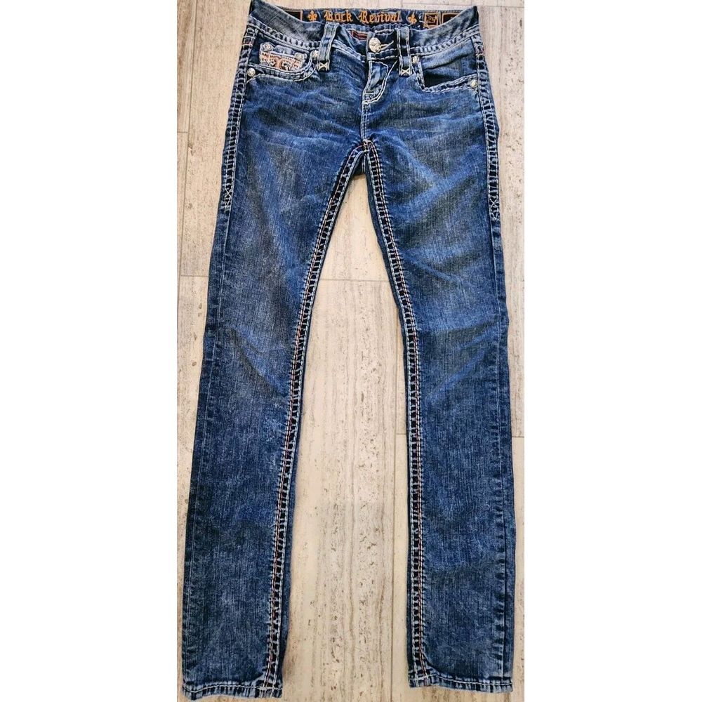 ROCK REVIVAL‎ Luiza Straight jeans 25x30.5 FLEUR DE LIS Back Pockets EUC